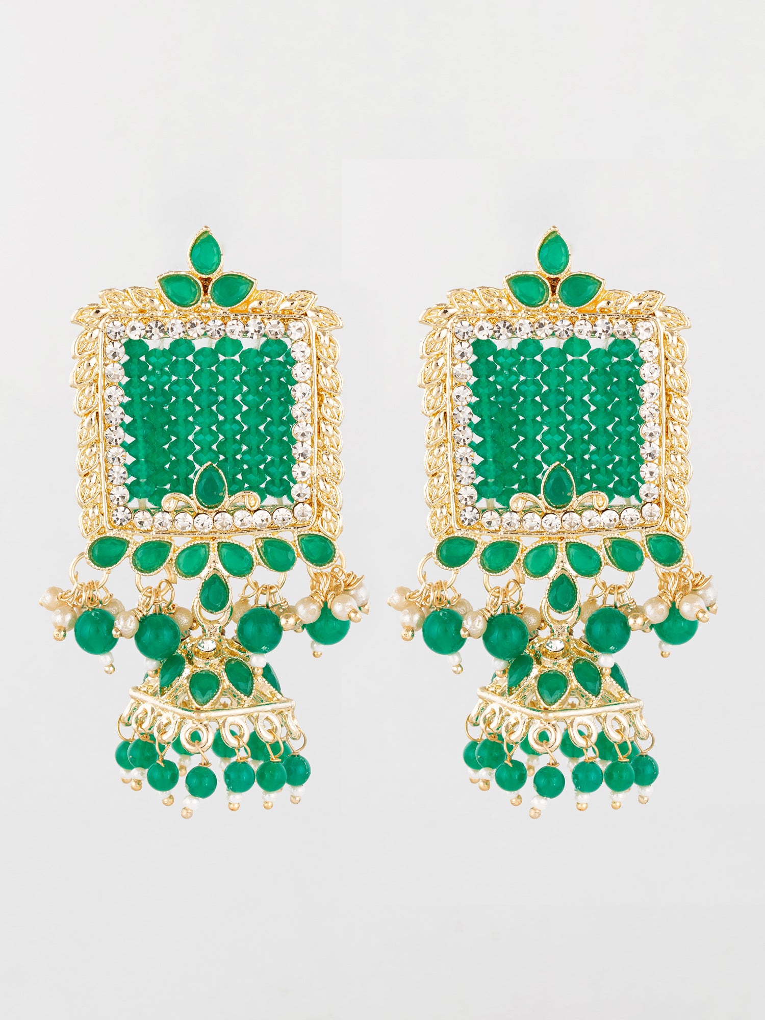 Aadita Gold Plated Green Stone Heavy Chandlier Jhumka Earrings