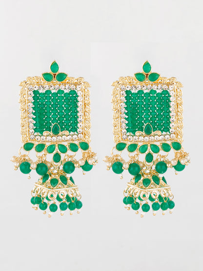 Aadita Gold Plated Green Stone Heavy Chandlier Jhumka Earrings