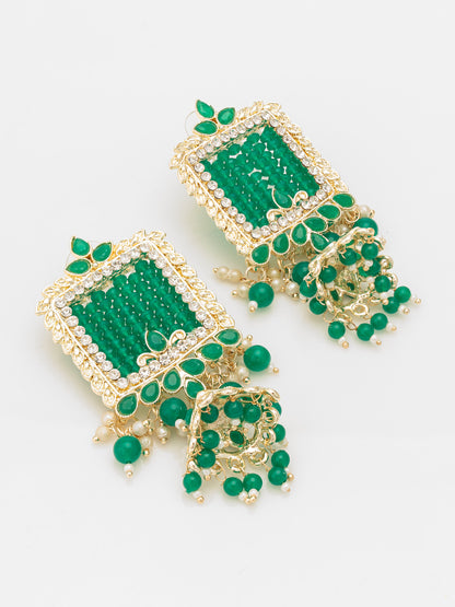 Aadita Gold Plated Green Stone Heavy Chandlier Jhumka Earrings