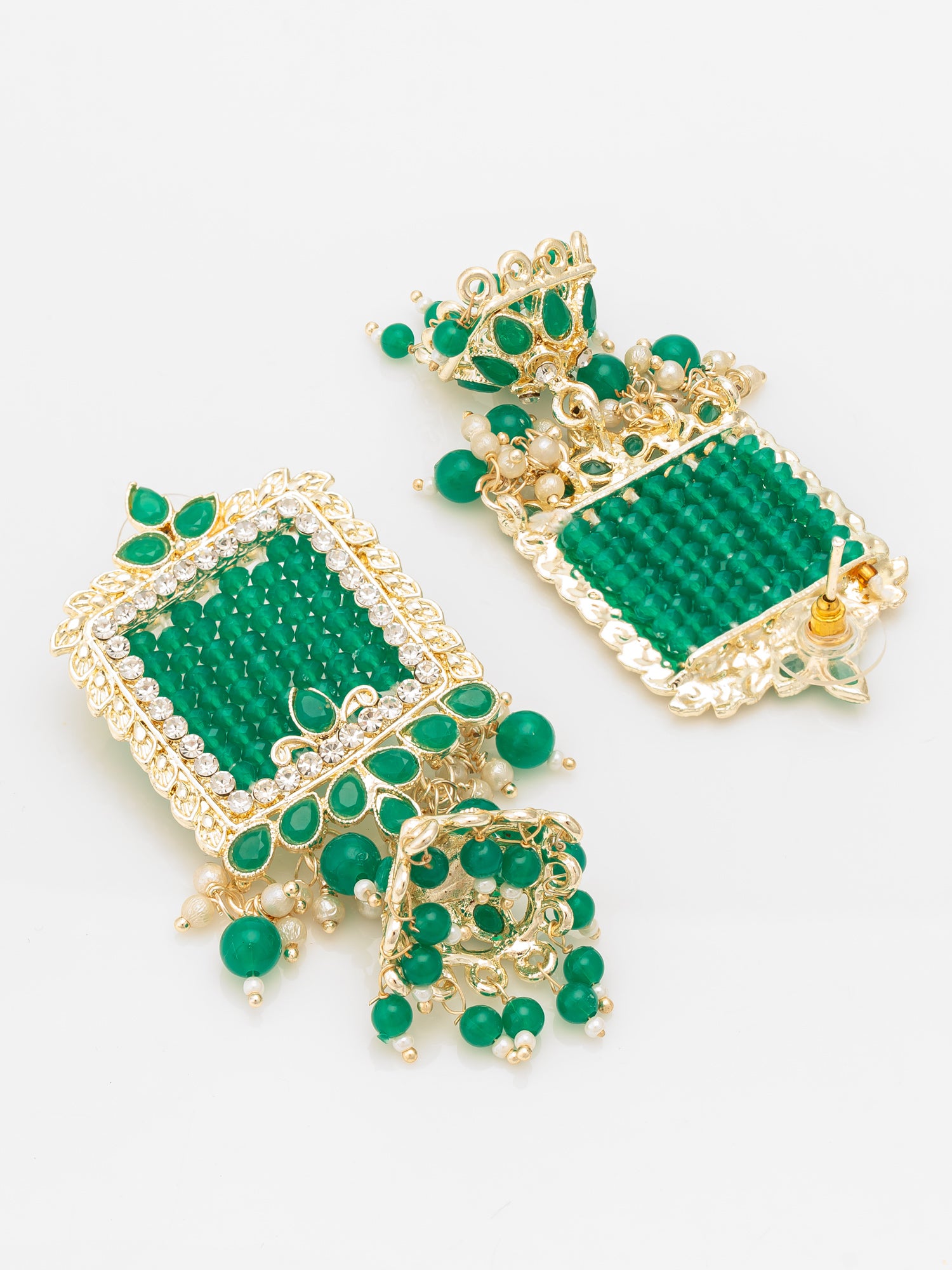 Aadita Gold Plated Green Stone Heavy Chandlier Jhumka Earrings