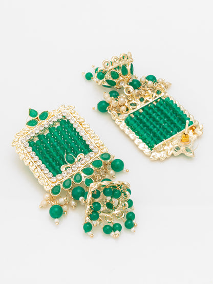 Aadita Gold Plated Green Stone Heavy Chandlier Jhumka Earrings