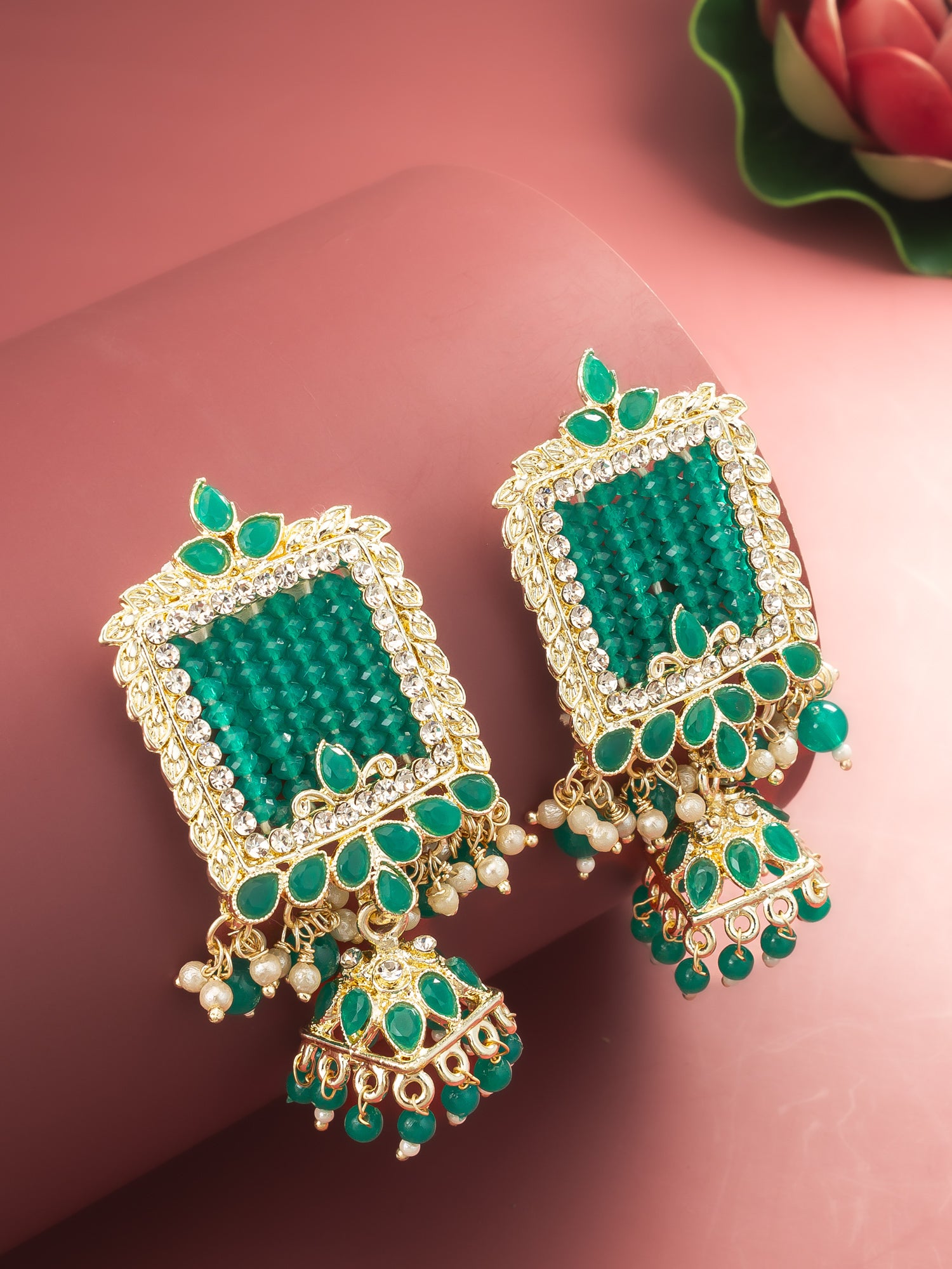 Aadita Gold Plated Green Stone Heavy Chandlier Jhumka Earrings