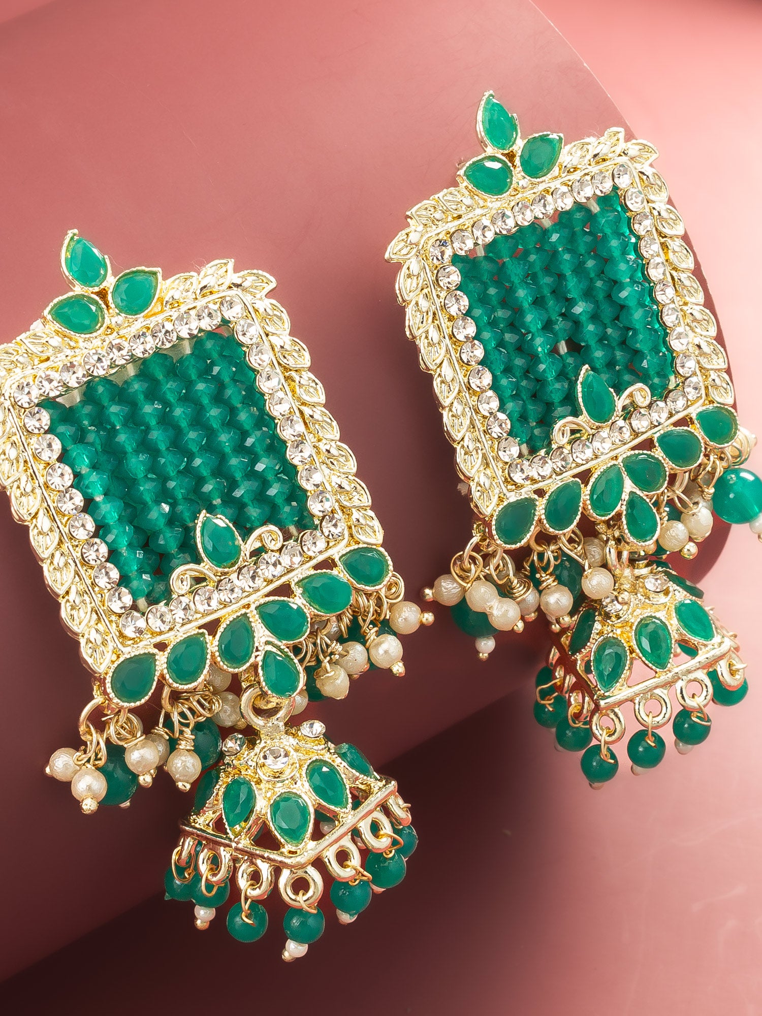 Aadita Gold Plated Green Stone Heavy Chandlier Jhumka Earrings