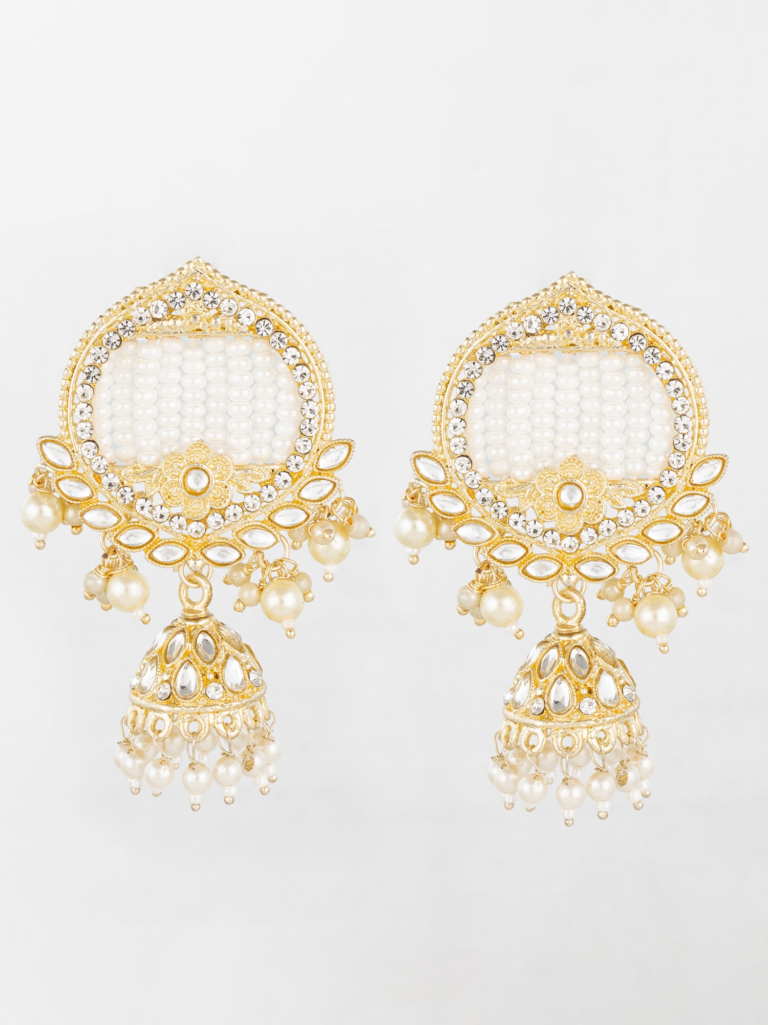 Aadita Gold Plated White Stone Chandelier Jhumka Earrings