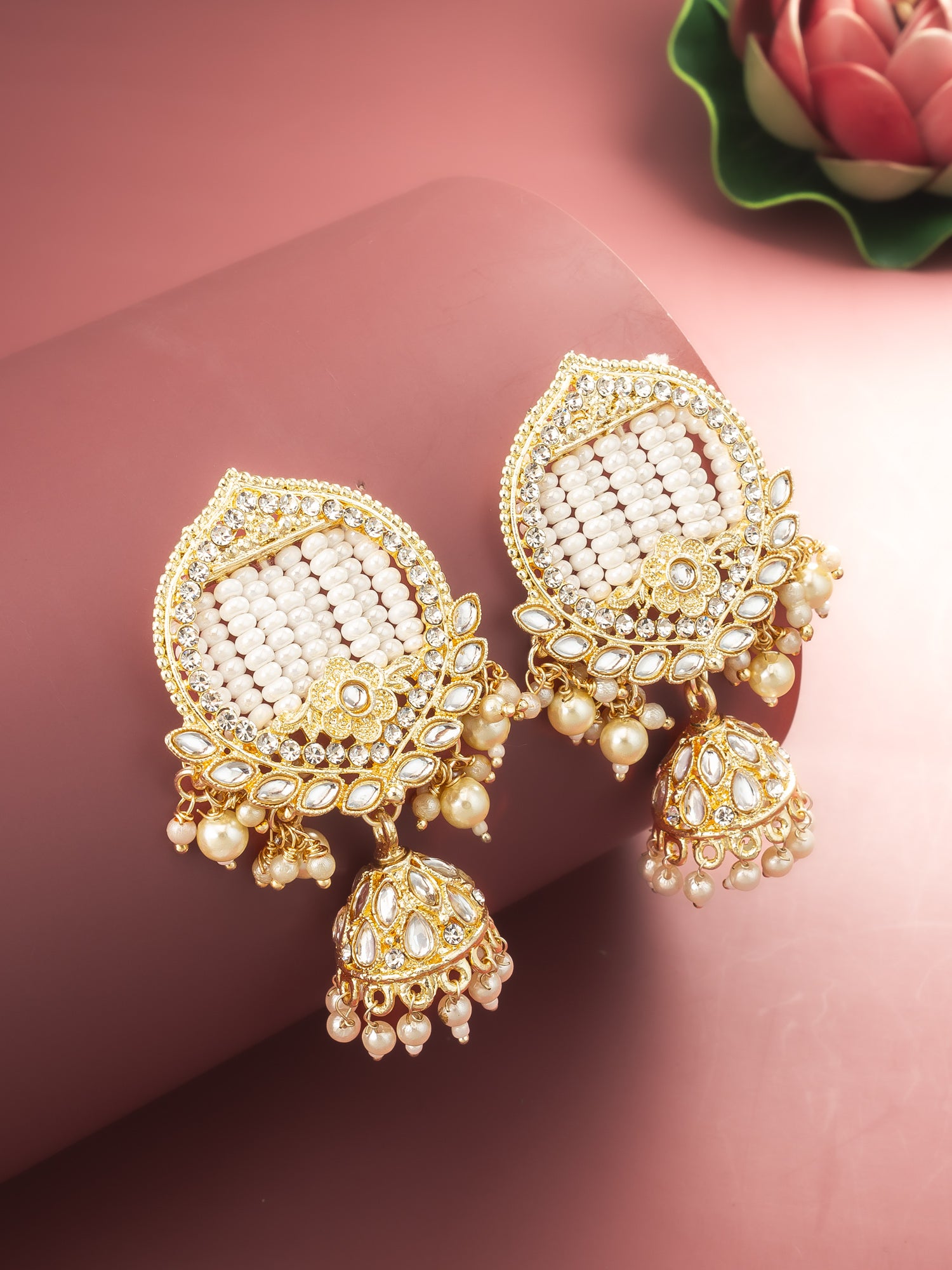 Aadita Gold Plated White Stone Chandelier Jhumka Earrings