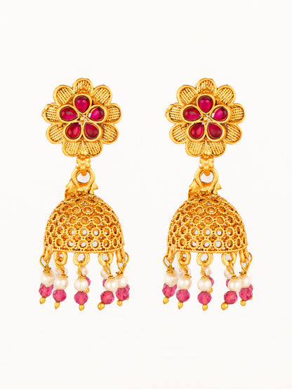 Aadita Gold Plated Floral Jhumka Earrings with Pink Stone Accents
