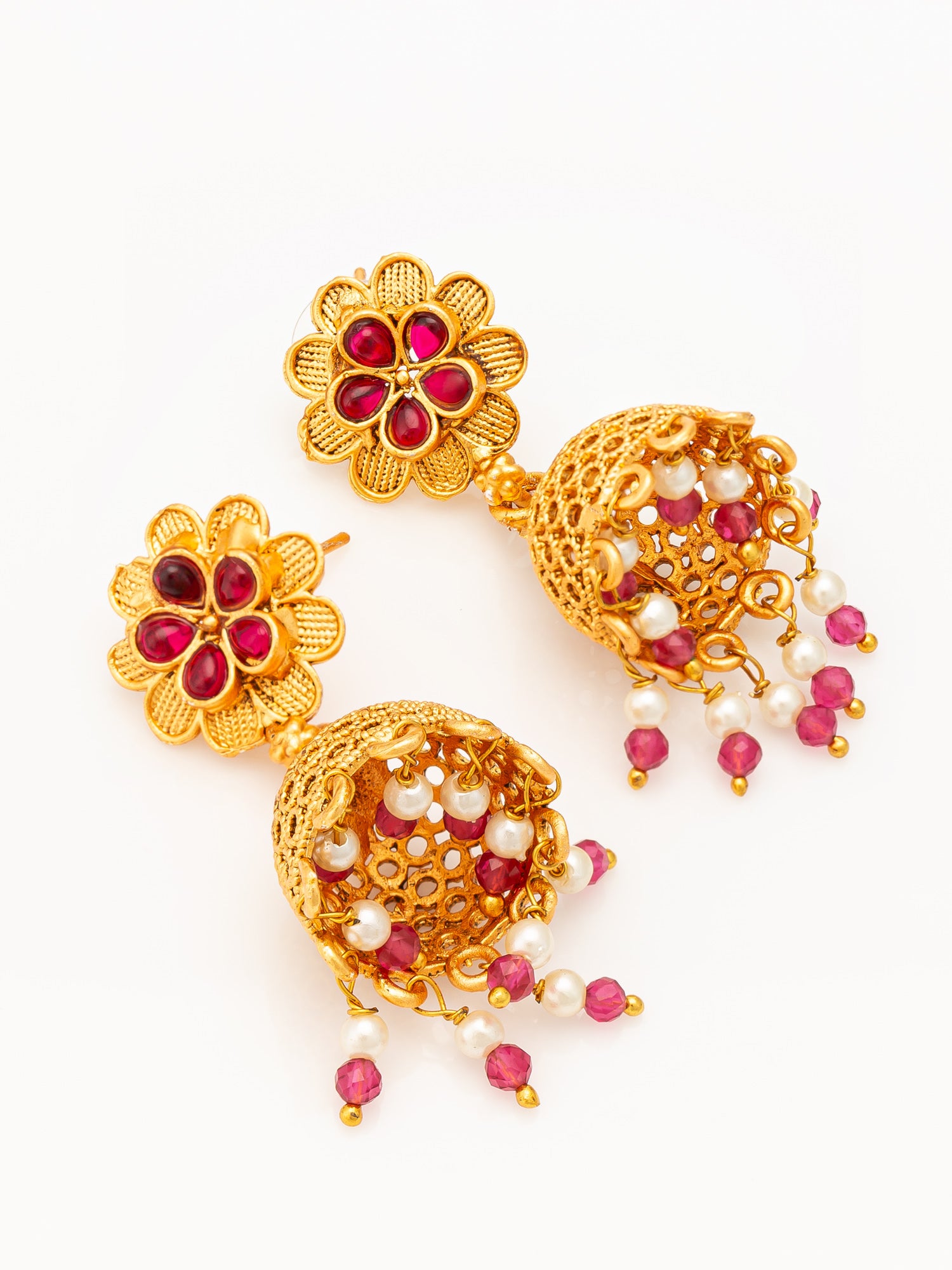 Aadita Gold Plated Floral Jhumka Earrings with Pink Stone Accents