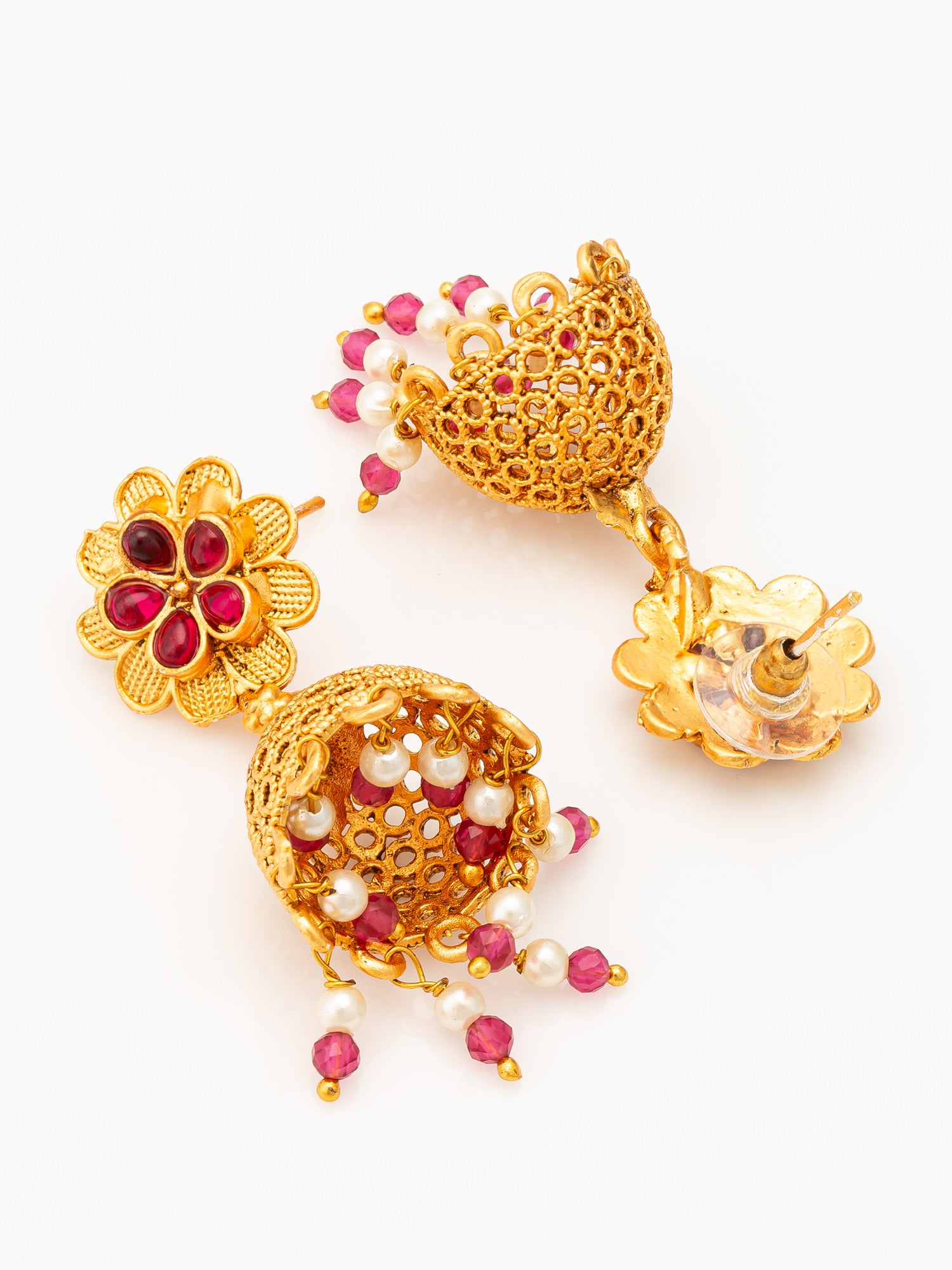 Aadita Gold Plated Floral Jhumka Earrings with Pink Stone Accents