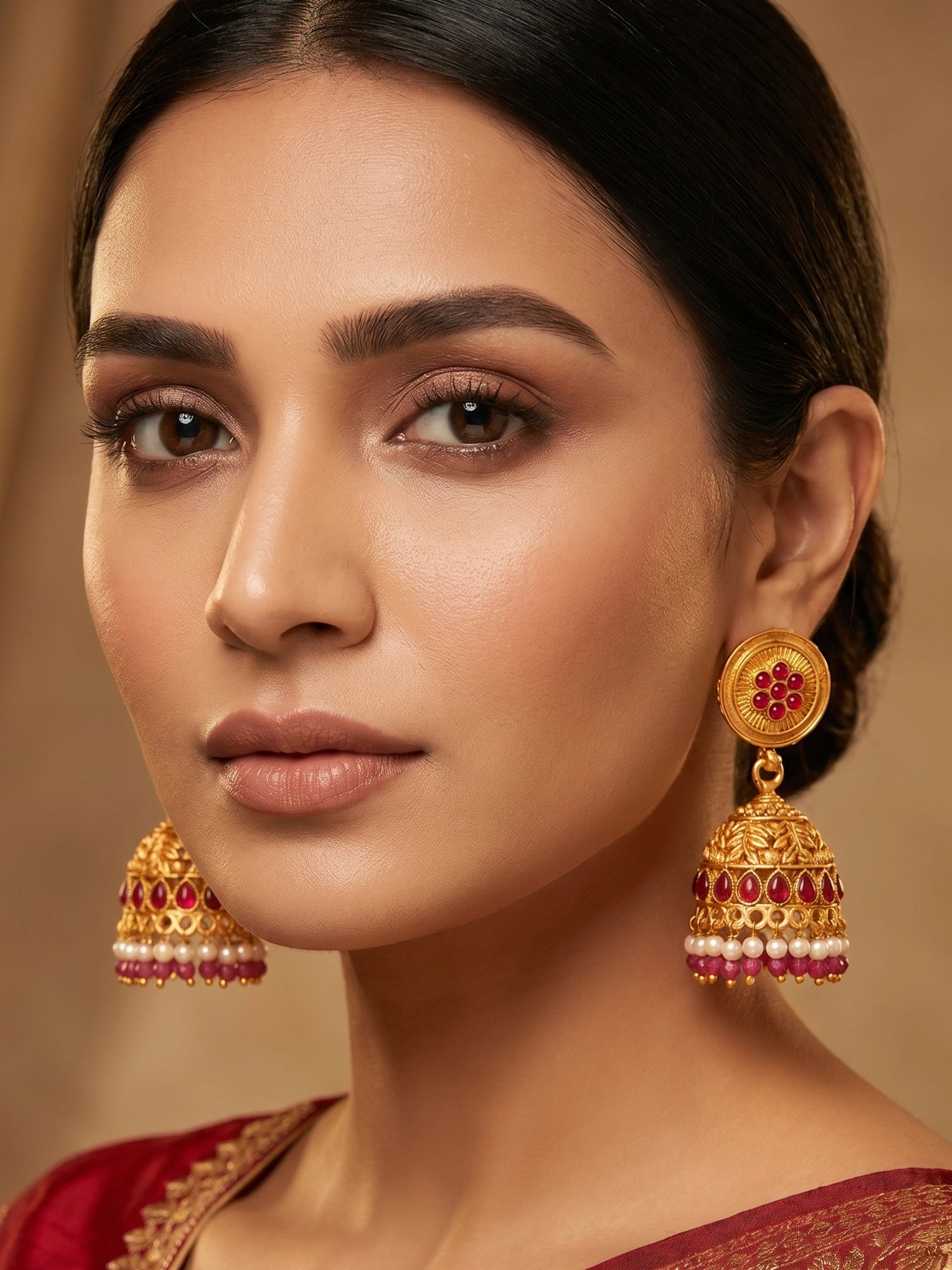Aadita Traditional Gold Plated Pink Stone Jhumka Earrings
