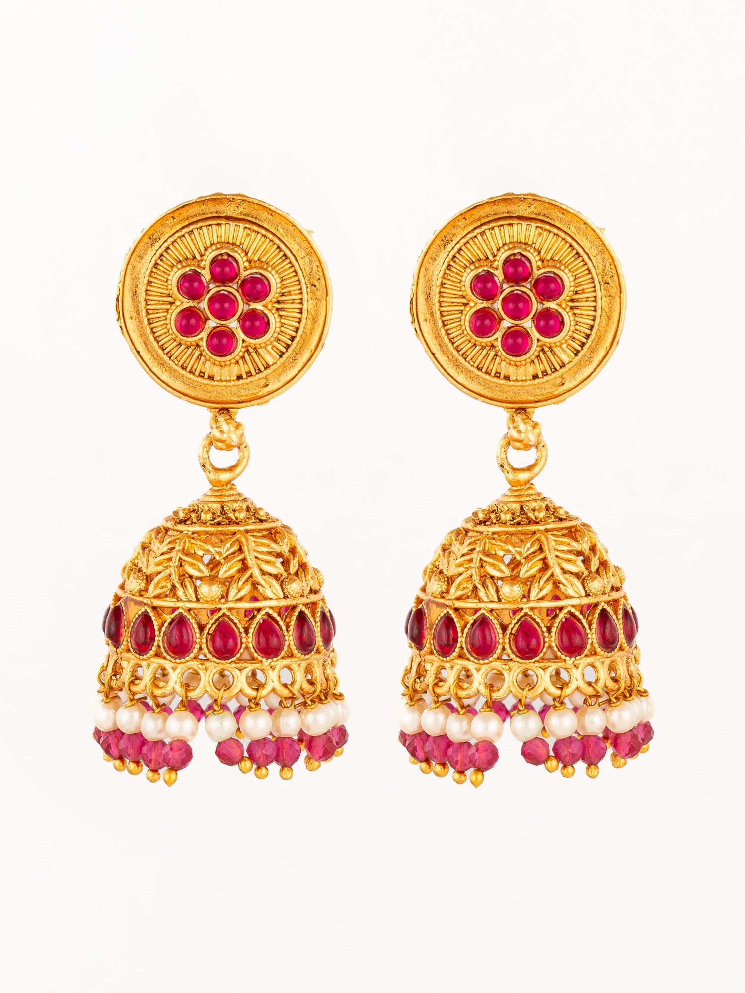 Aadita Traditional Gold Plated Pink Stone Jhumka Earrings