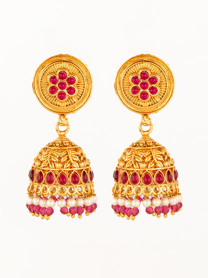 Aadita Traditional Gold Plated Pink Stone Jhumka Earrings