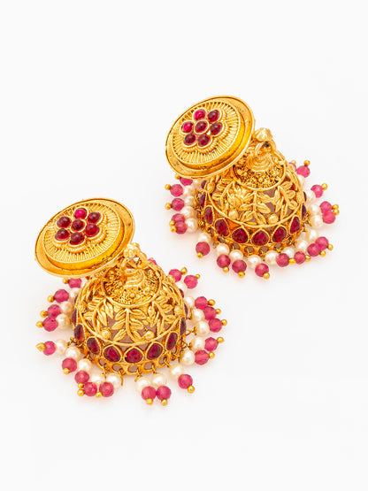 Aadita Traditional Gold Plated Pink Stone Jhumka Earrings