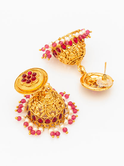 Aadita Traditional Gold Plated Pink Stone Jhumka Earrings
