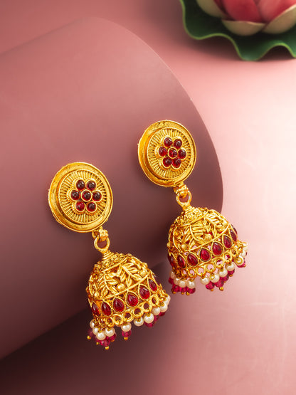 Aadita Traditional Gold Plated Pink Stone Jhumka Earrings