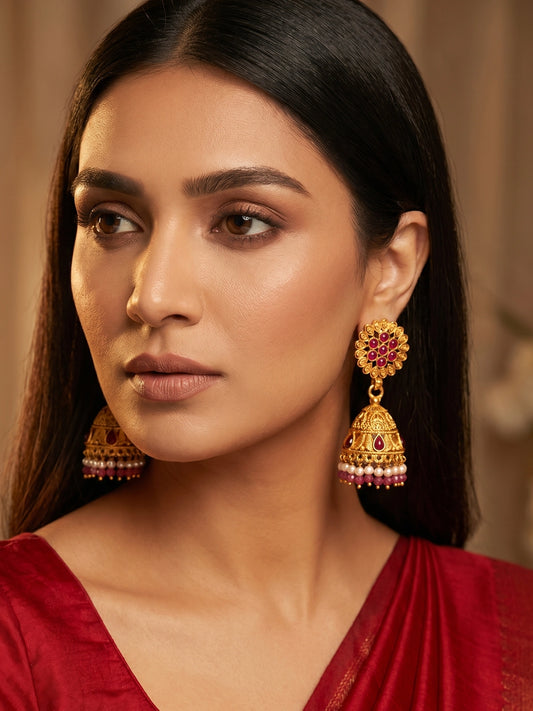 Aadita Floral Motif Gold Plated Pink Stone Jhumka Earrings