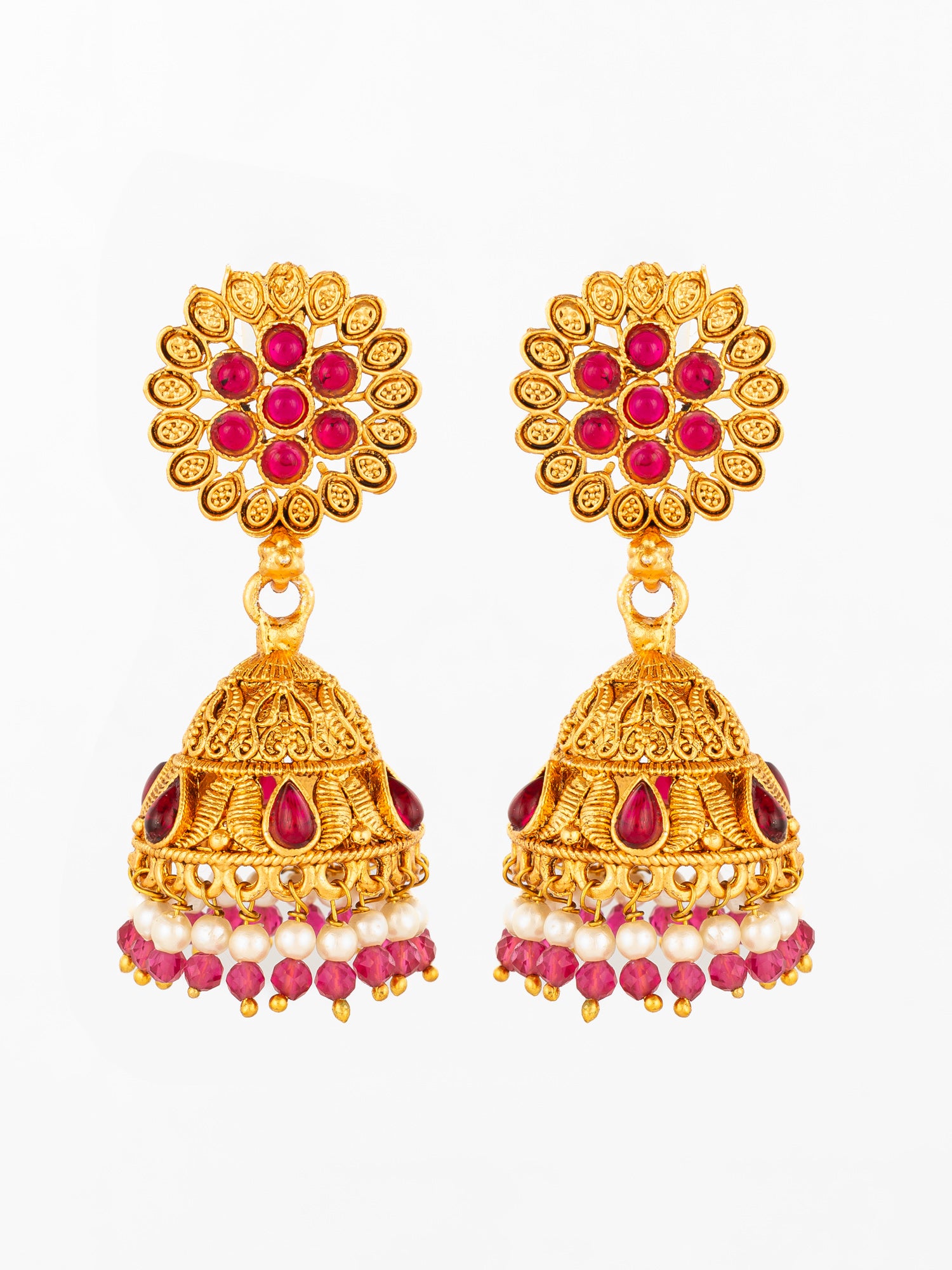Aadita Floral Motif Gold Plated Pink Stone Jhumka Earrings