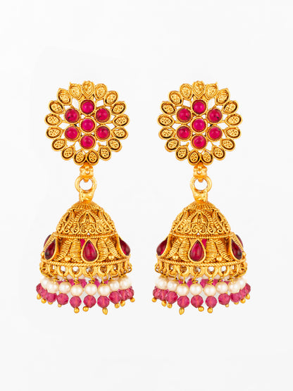 Aadita Floral Motif Gold Plated Pink Stone Jhumka Earrings