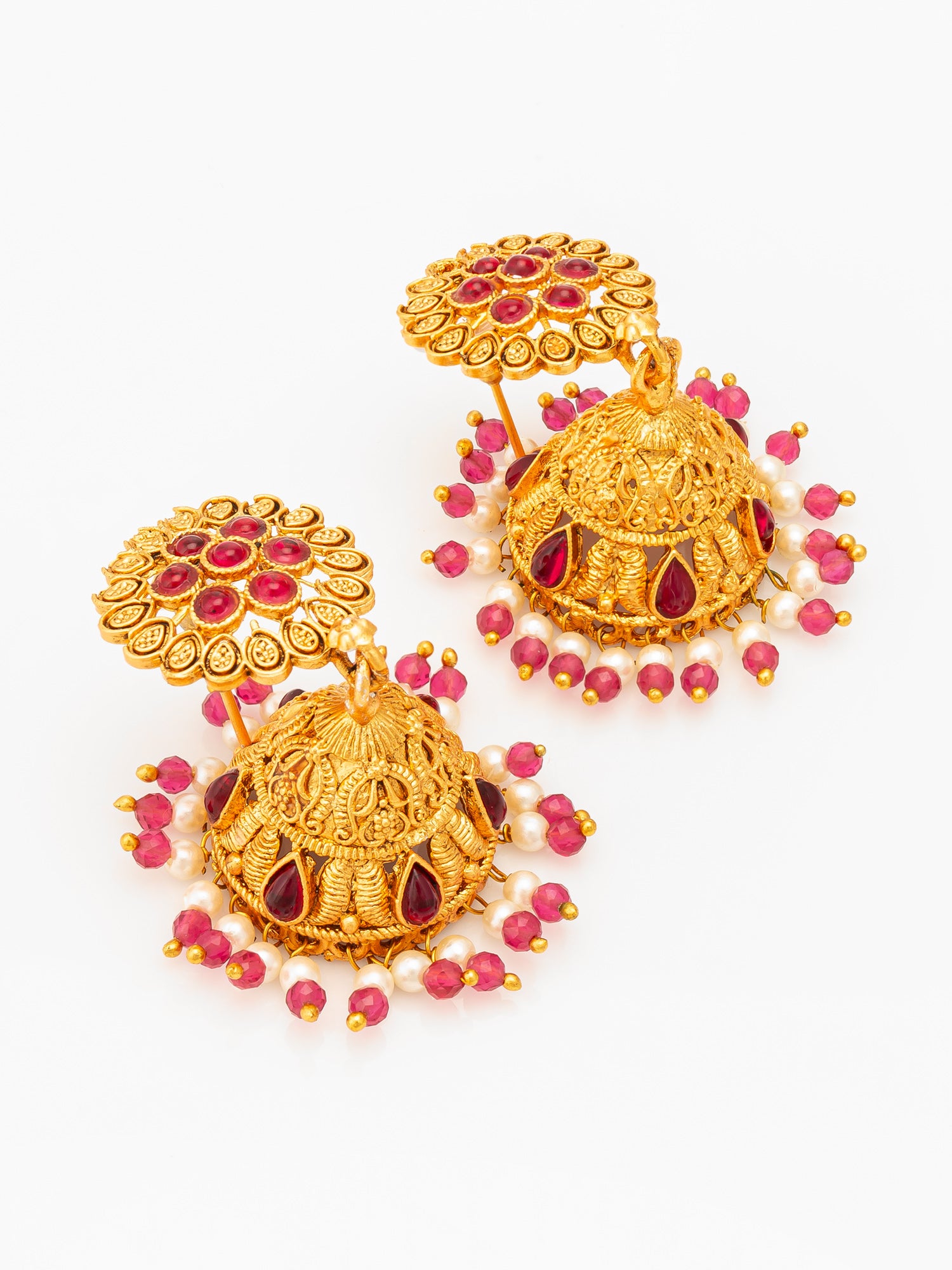 Aadita Floral Motif Gold Plated Pink Stone Jhumka Earrings