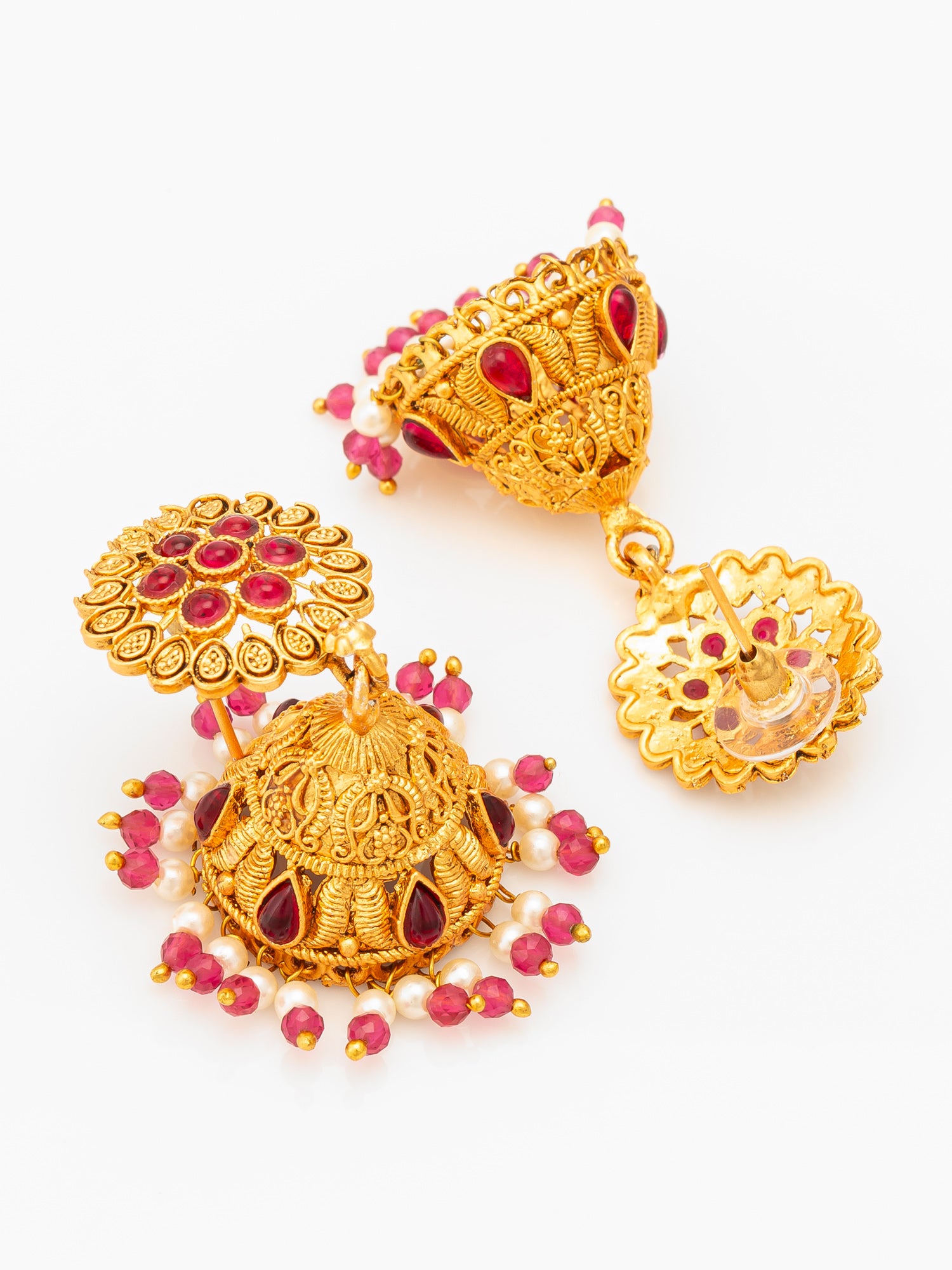 Aadita Floral Motif Gold Plated Pink Stone Jhumka Earrings