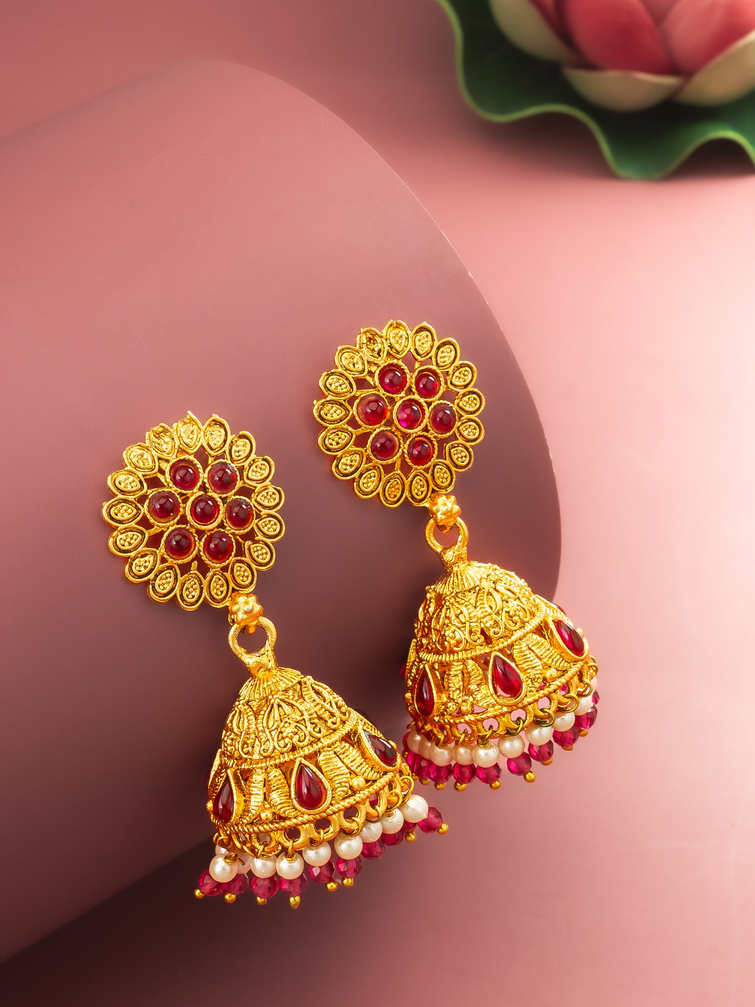 Aadita Floral Motif Gold Plated Pink Stone Jhumka Earrings