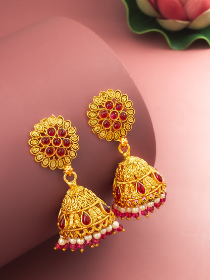 Aadita Floral Motif Gold Plated Pink Stone Jhumka Earrings