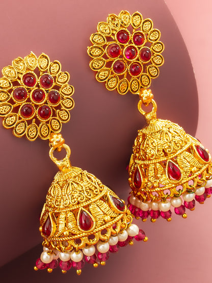 Aadita Floral Motif Gold Plated Pink Stone Jhumka Earrings