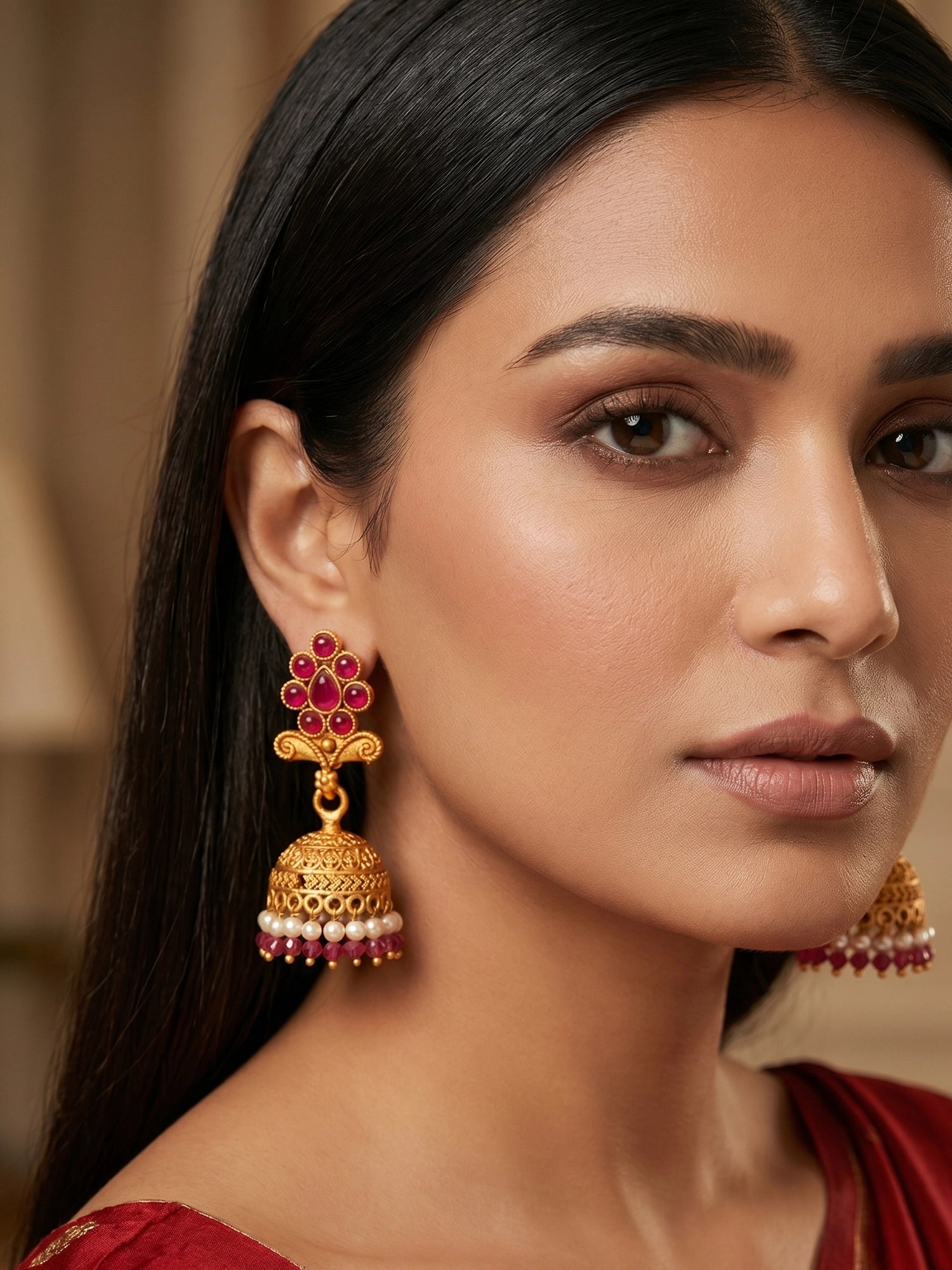 Aadita Classic Gold Plated Pink Stone Mini Jhumka Earrings