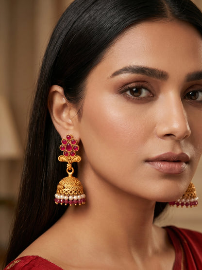 Aadita Classic Gold Plated Pink Stone Mini Jhumka Earrings