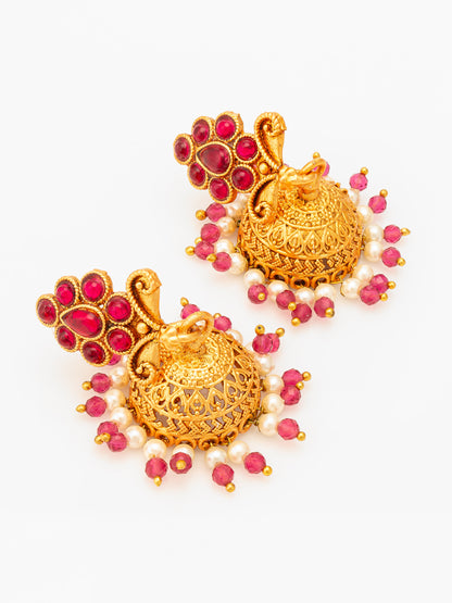 Aadita Classic Gold Plated Pink Stone Mini Jhumka Earrings