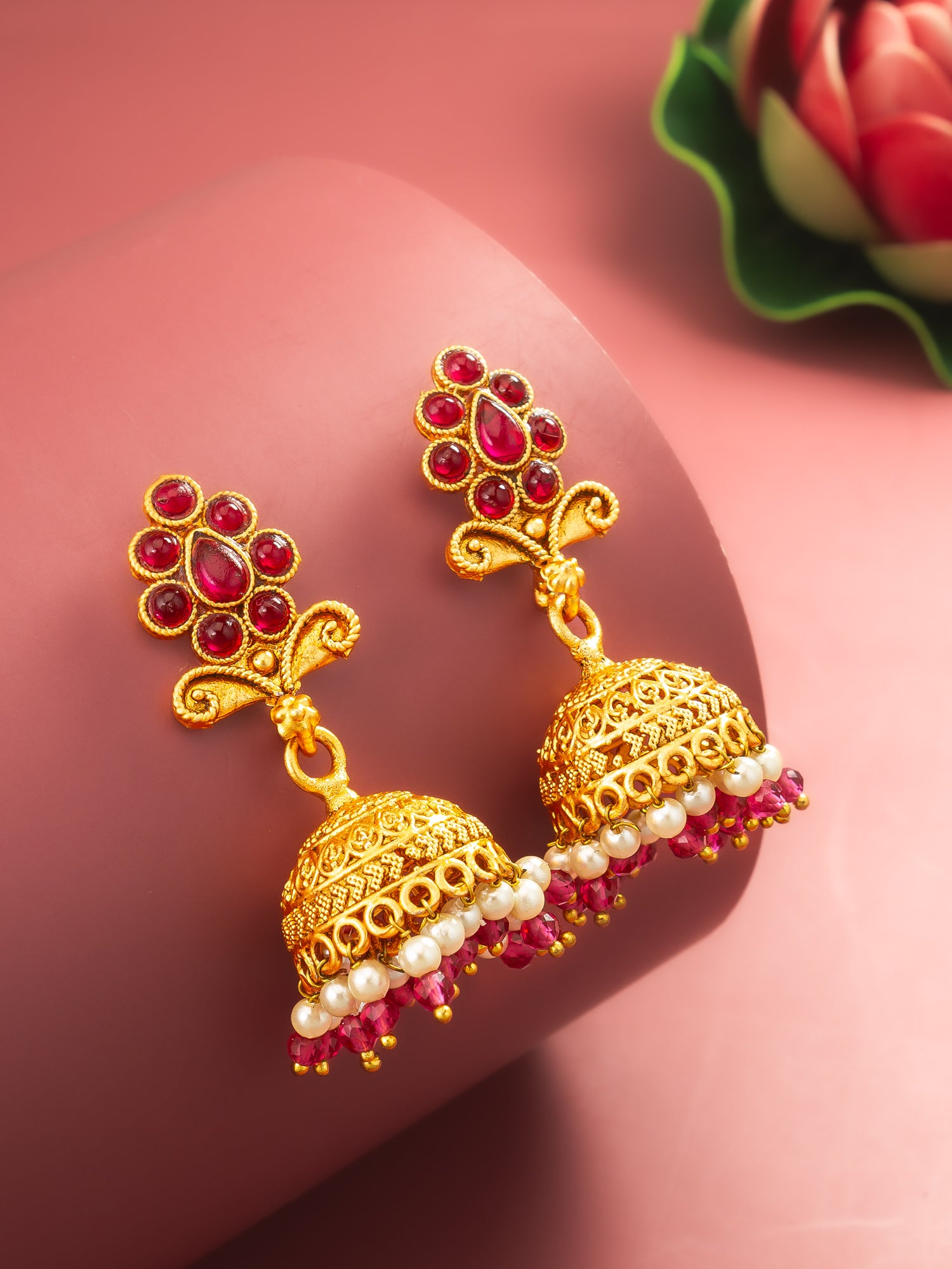 Aadita Classic Gold Plated Pink Stone Mini Jhumka Earrings