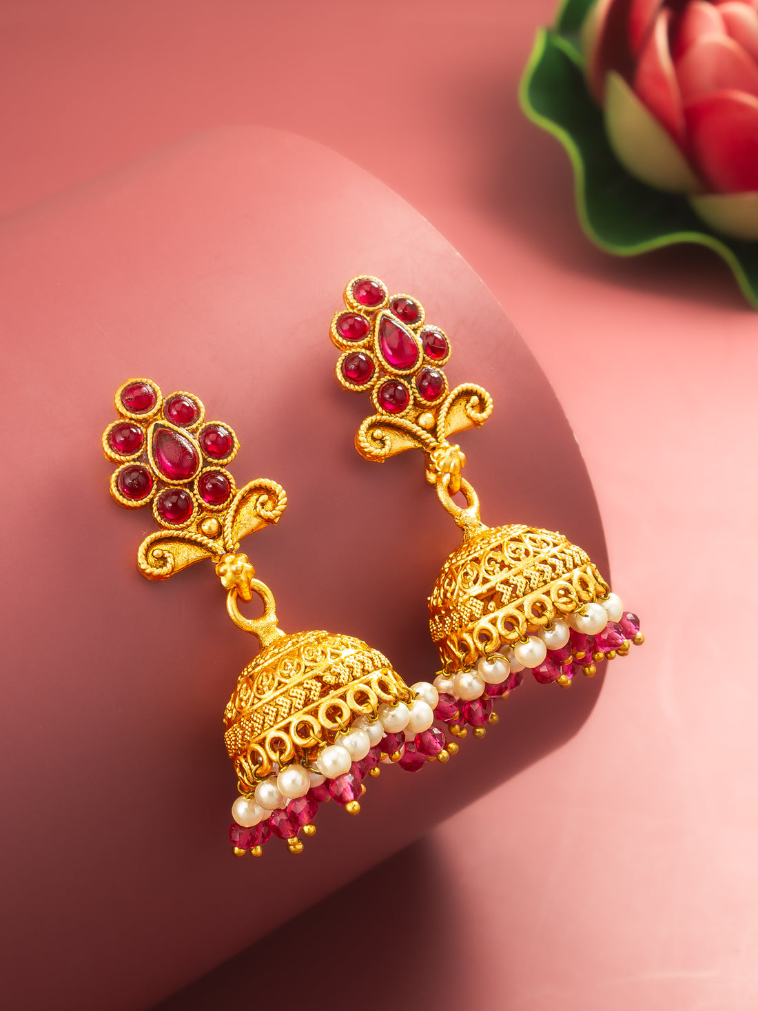 Aadita Classic Gold Plated Pink Stone Mini Jhumka Earrings