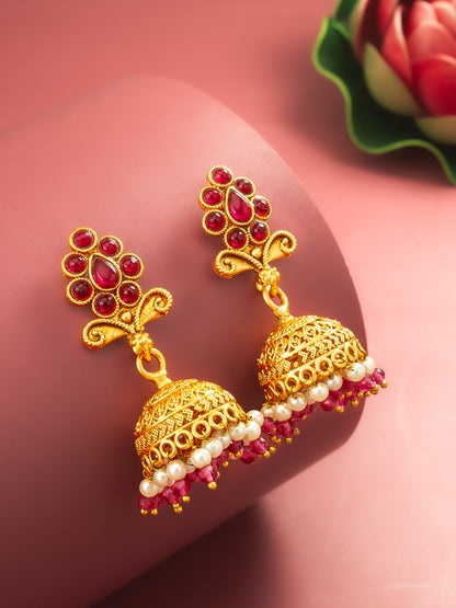 Aadita Classic Gold Plated Pink Stone Mini Jhumka Earrings