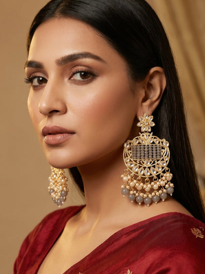 Aadita Gold Plated Grey Beaded Chandelier Earrings
