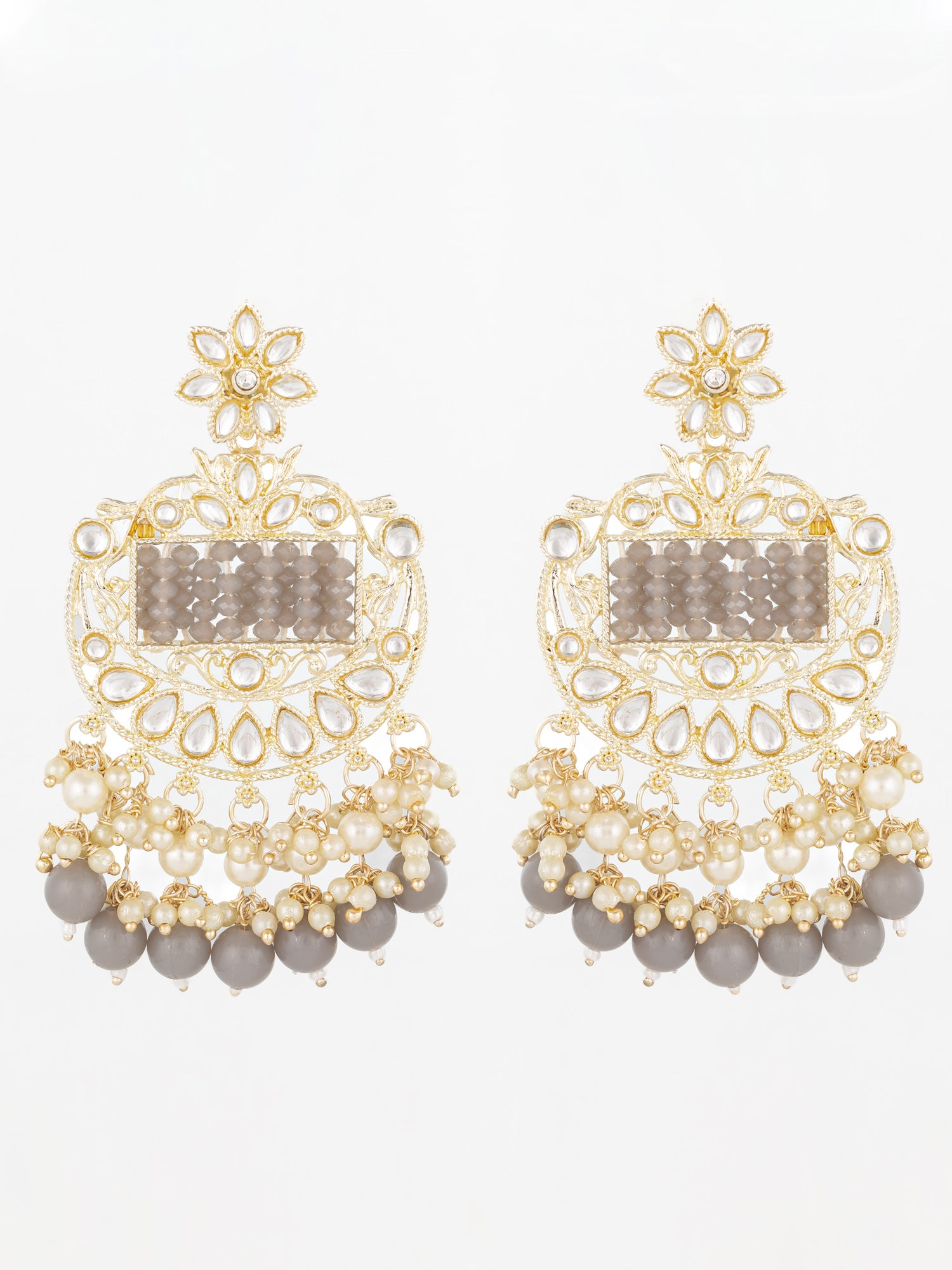 Aadita Gold Plated Grey Beaded Chandelier Earrings