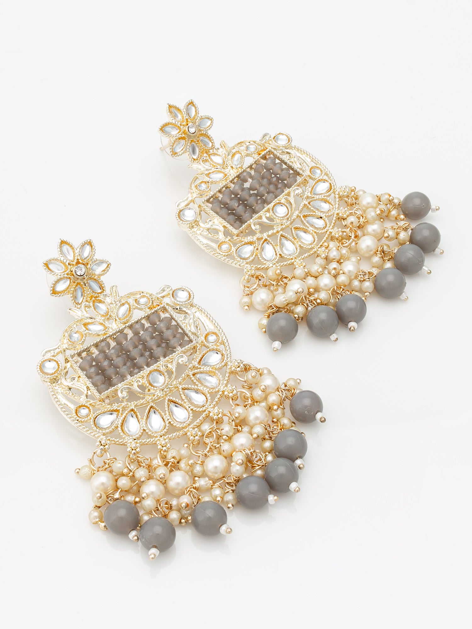 Aadita Gold Plated Grey Beaded Chandelier Earrings
