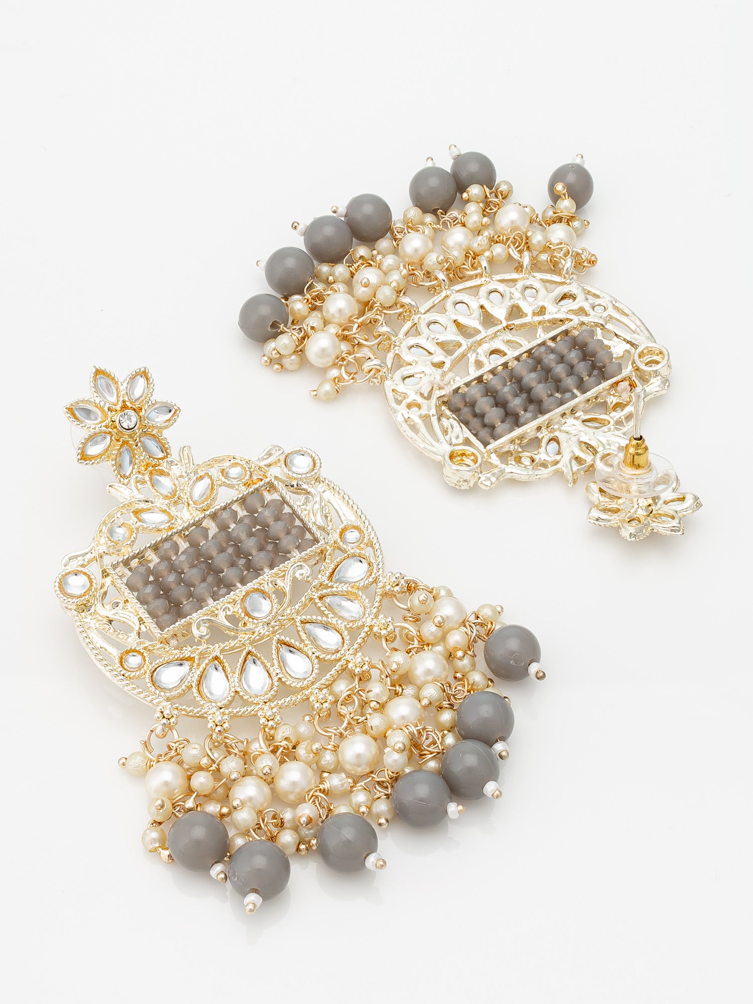 Aadita Gold Plated Grey Beaded Chandelier Earrings