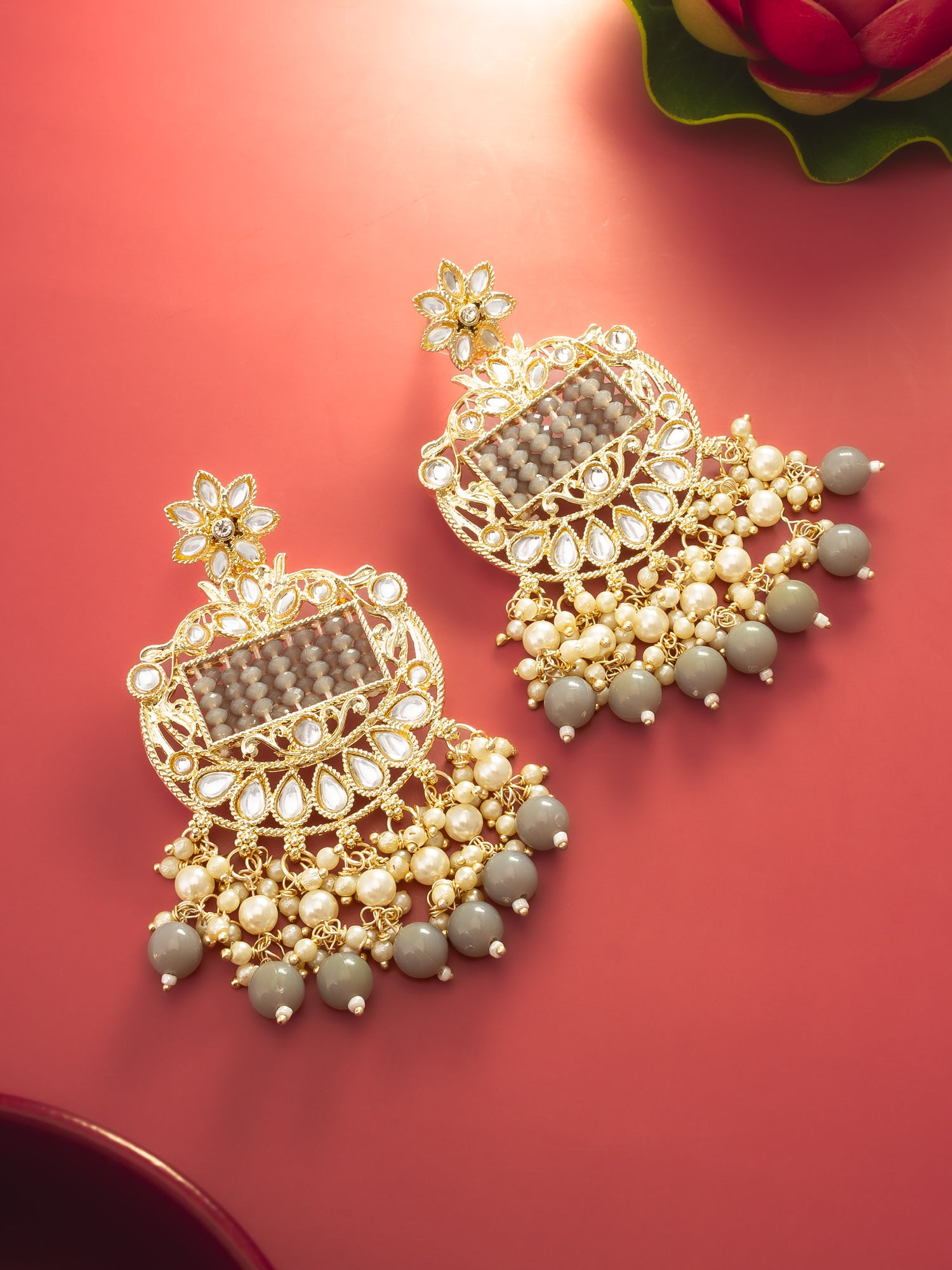 Aadita Gold Plated Grey Beaded Chandelier Earrings
