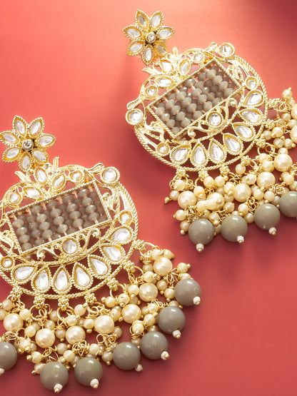 Aadita Gold Plated Grey Beaded Chandelier Earrings
