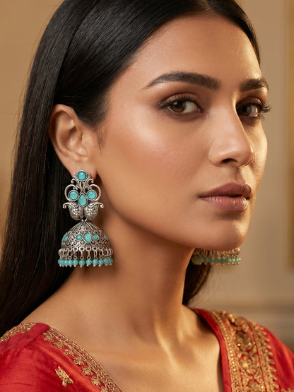 Aadita Silver Plated Stone Oxidized Jhumka Earrings