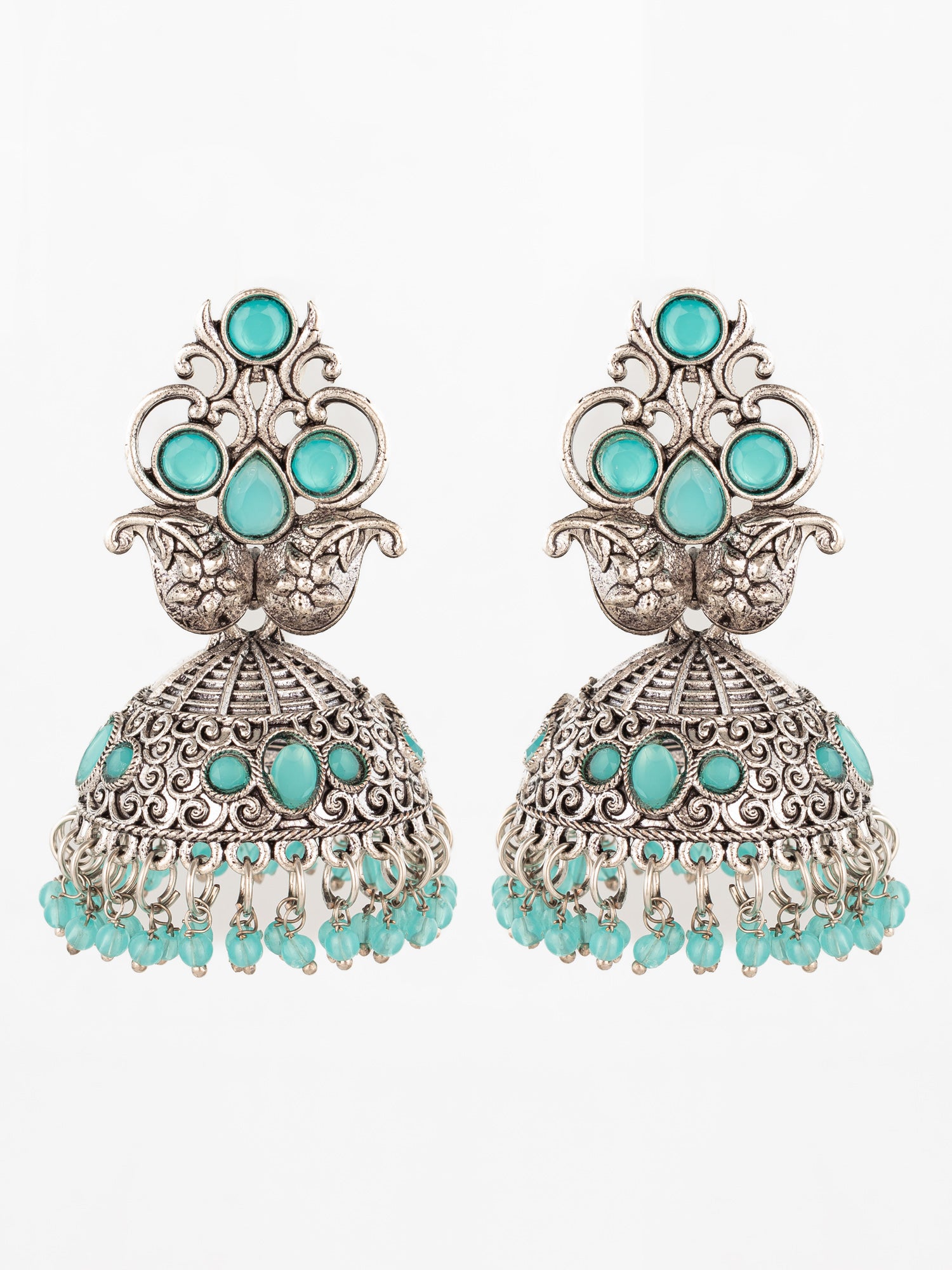 Aadita Silver Plated Stone Oxidized Jhumka Earrings