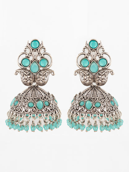 Aadita Silver Plated Stone Oxidized Jhumka Earrings