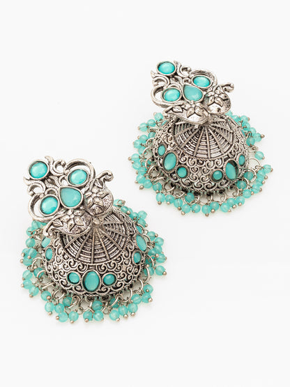 Aadita Silver Plated Stone Oxidized Jhumka Earrings
