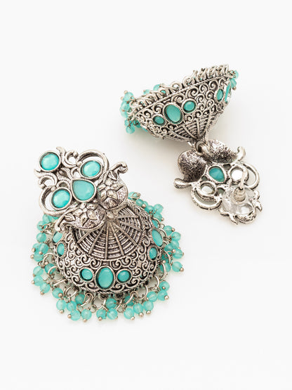 Aadita Silver Plated Stone Oxidized Jhumka Earrings