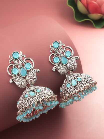 Aadita Silver Plated Stone Oxidized Jhumka Earrings