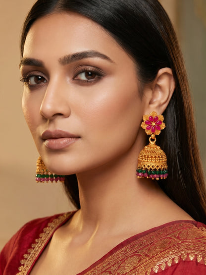 Aadita Floral Gold Plated Pink and Green Jhumka Earrings