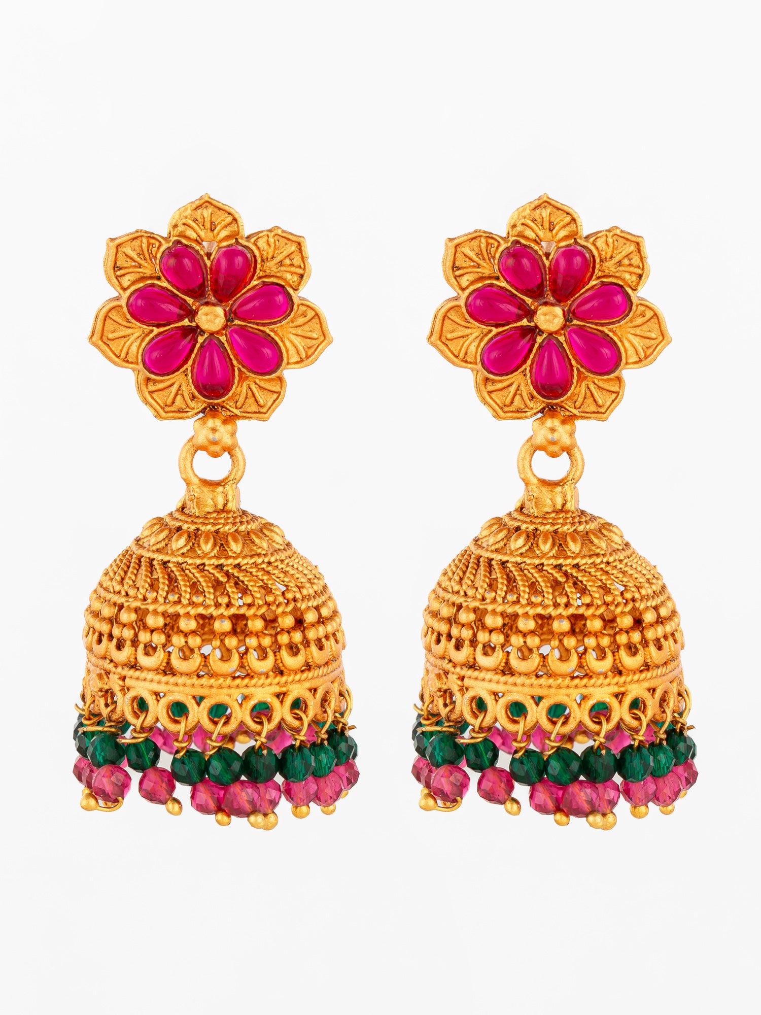 Aadita Floral Gold Plated Pink and Green Jhumka Earrings