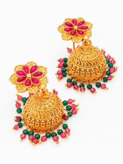 Aadita Floral Gold Plated Pink and Green Jhumka Earrings
