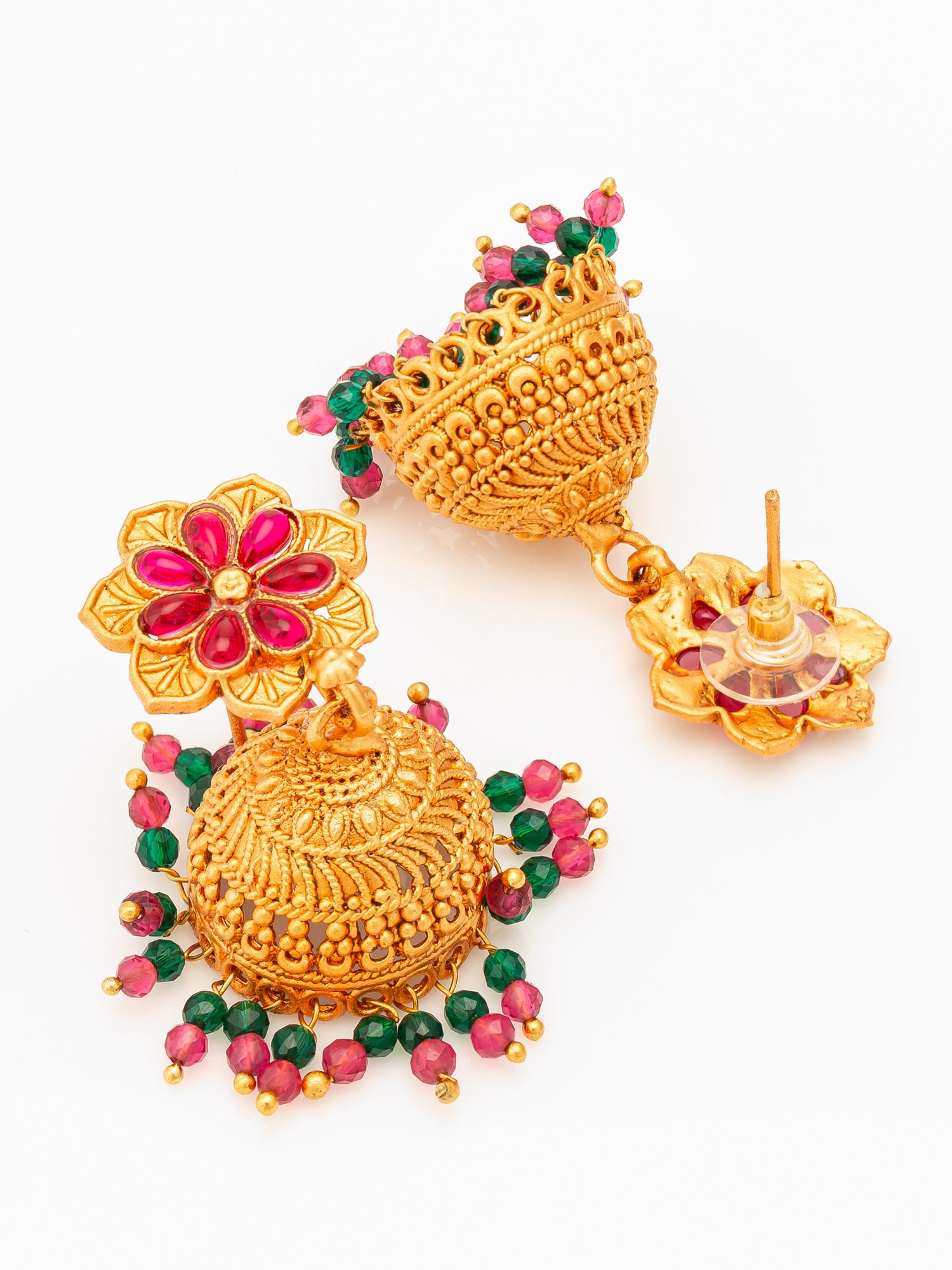 Aadita Floral Gold Plated Pink and Green Jhumka Earrings