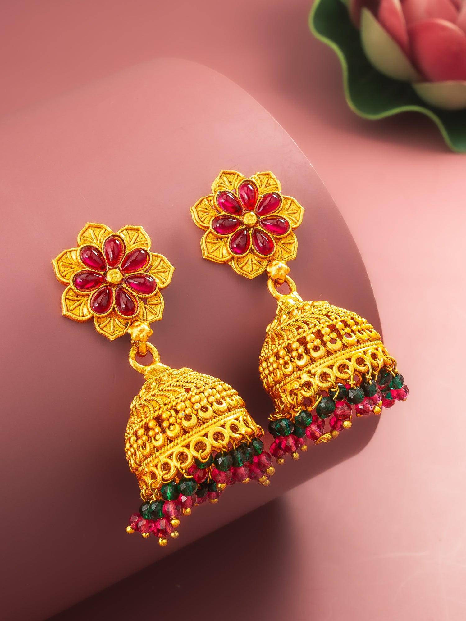 Aadita Floral Gold Plated Pink and Green Jhumka Earrings