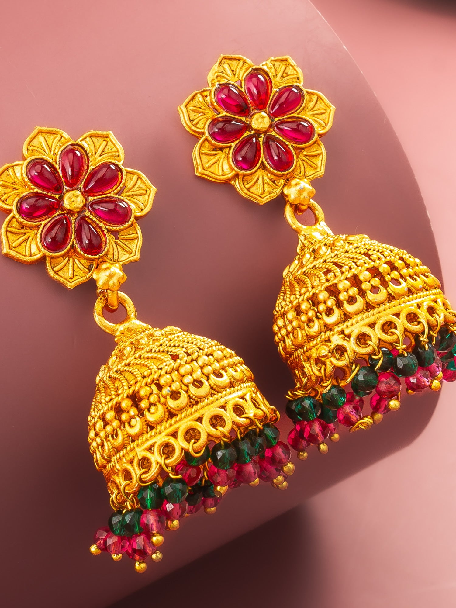 Aadita Floral Gold Plated Pink and Green Jhumka Earrings
